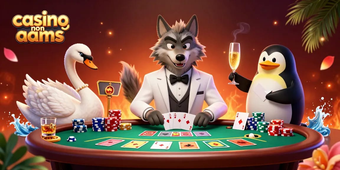 Vivi l'emozione dei casinò non AAMS con questa vivace scena di un lupo, un cigno e un pinguino a un evento di baccarat.