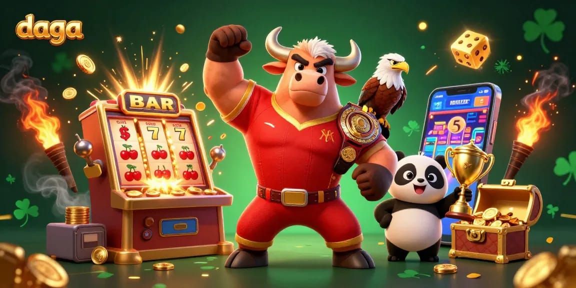 Experience thrilling gaming at daga with playful characters celebrating wins and a vibrant casino atmosphere.