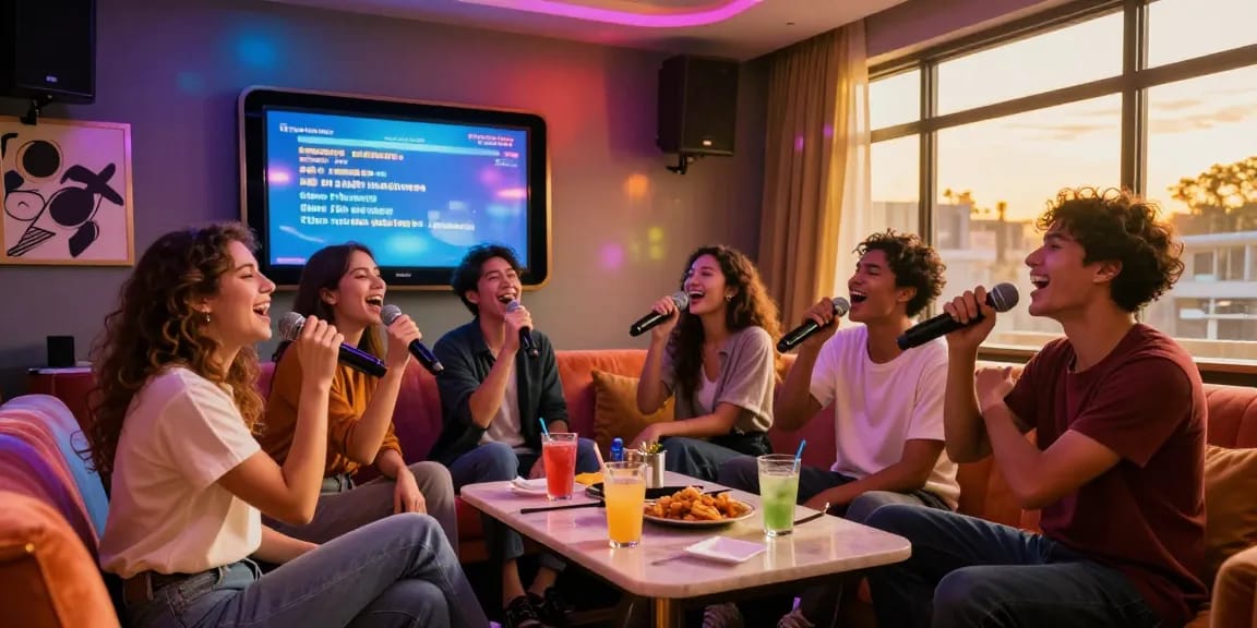 Exciting karaoke night at 강남노래방 with friends singing and enjoying drinks in a lively atmosphere.