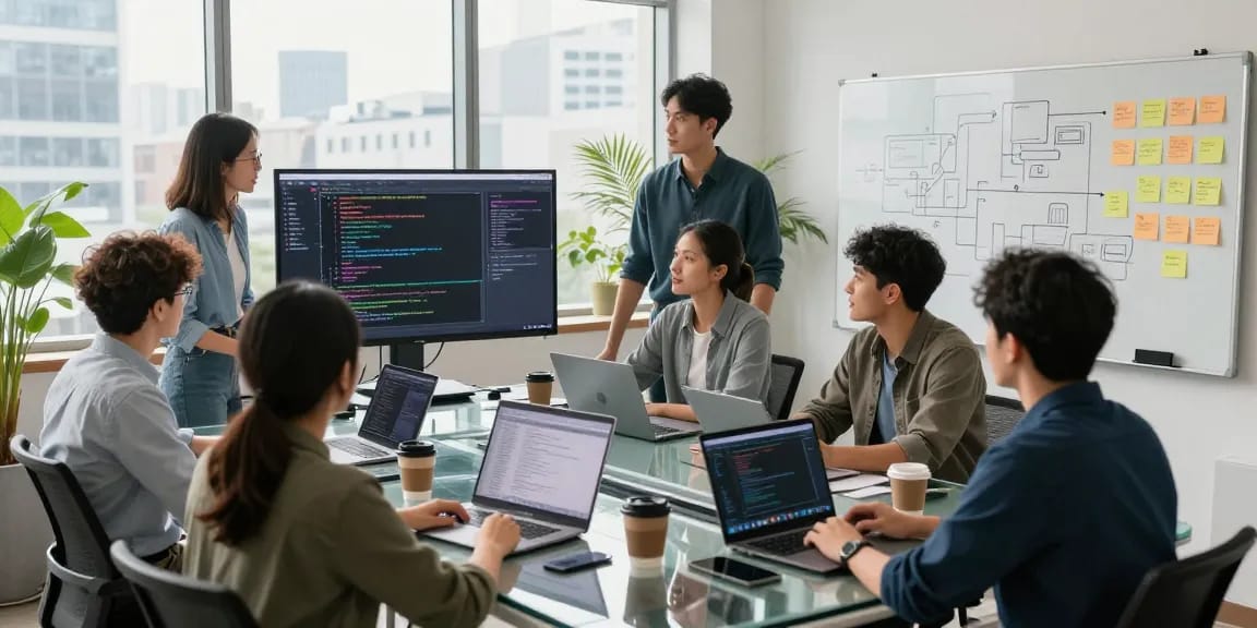 Developers collaborating at telegraimin.com workspace with dynamic coding displays and project management tools