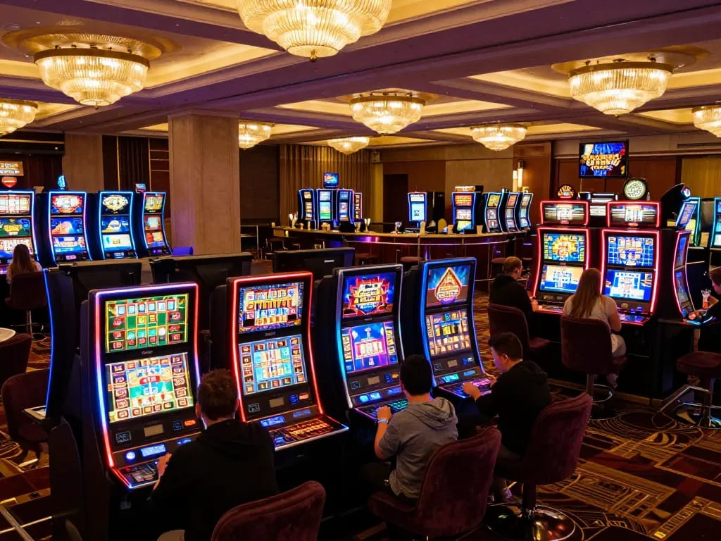 Players enjoying colorful Go99 slot machines in a vibrant casino atmosphere