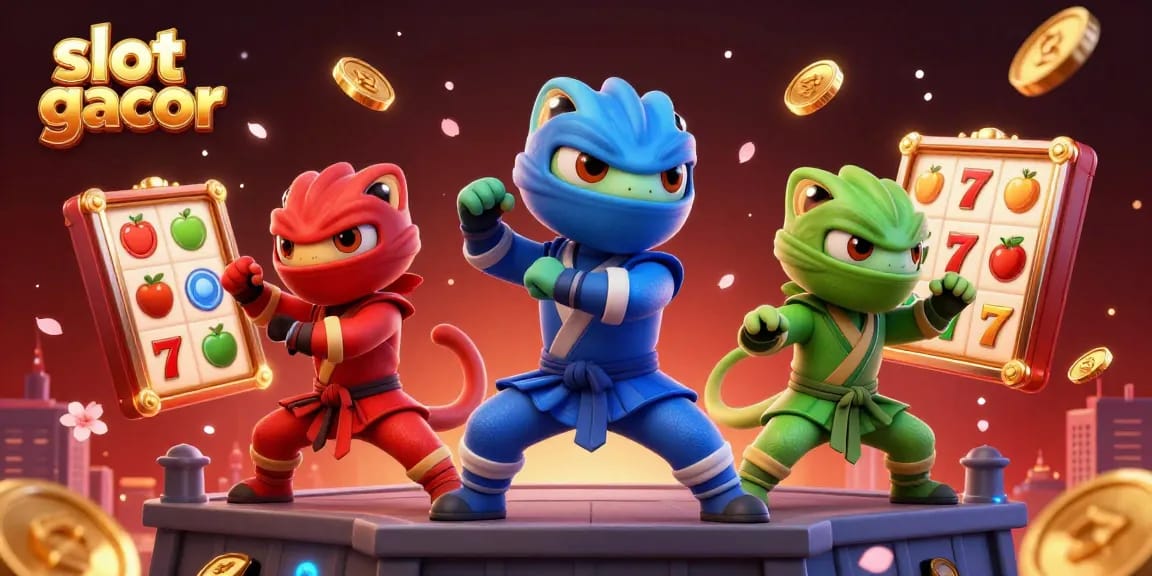 Engage with slot gacor excitement in an action-packed scene featuring chameleon ninjas amidst floating jackpots and gold coins.