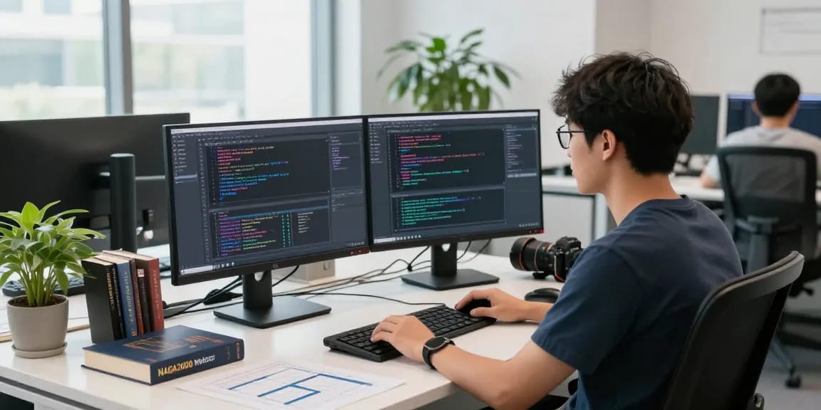 NAGA2000 software developer engaging with code in a modern office.