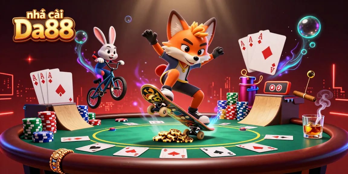 Engage with Nhà cái Da88 in a vibrant 3D cartoon scene featuring a fox and rabbit surrounded by casino elements.