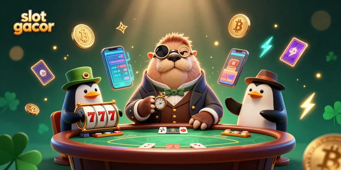 Experience thrilling slot gacor gameplay with an underwater poker scene featuring a jolly walrus and dynamic casino elements.