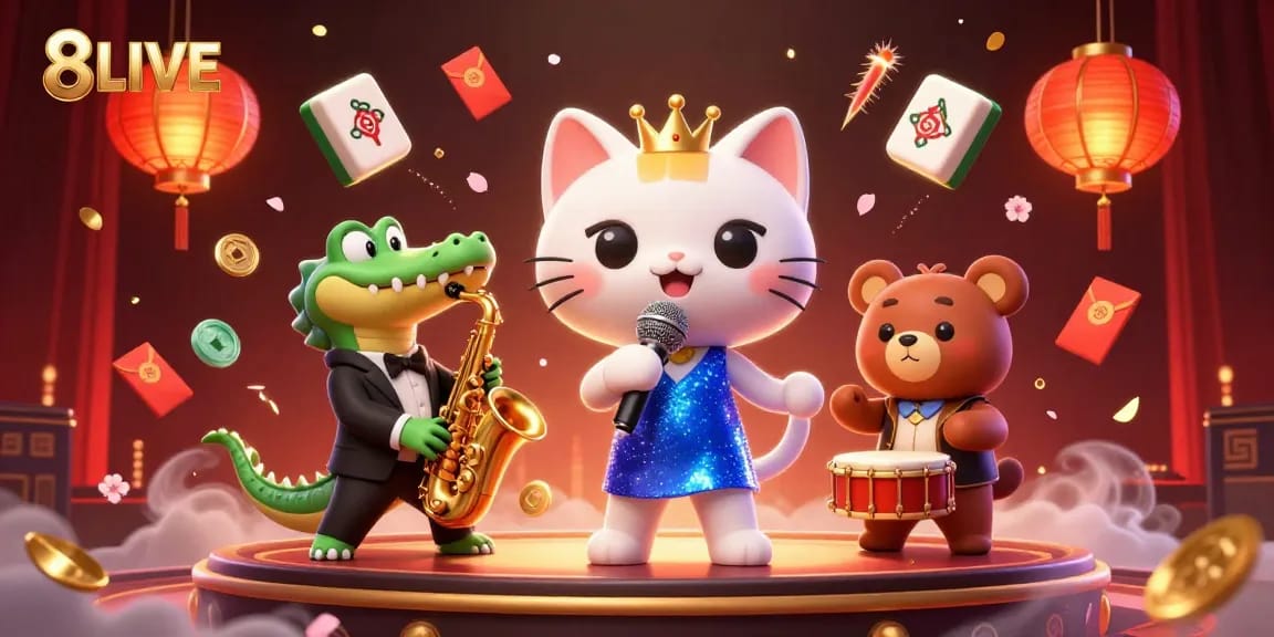 Engage in exciting casino action with 8LIVE, featuring vibrant characters in a dynamic scene.