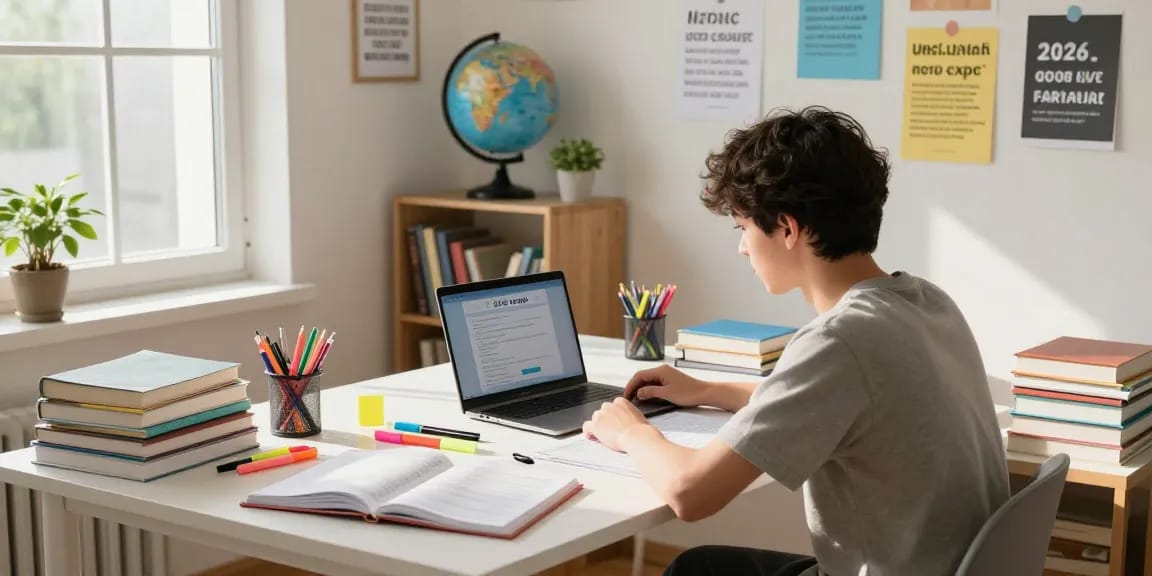 Student preparing for 2026 neco expo in a bright study space.