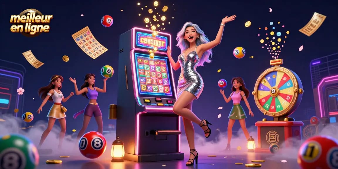 Découvrez le meilleur casino en ligne avec une femme asiatique joyeuse célébrant un jackpot de machine à sous au milieu d'éléments de jeu vibrants.