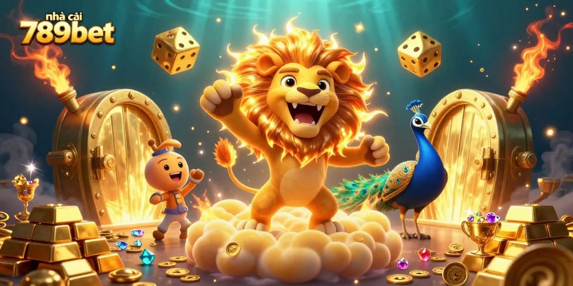 Experience the thrill at nhà cái 789bet with vibrant casino elements, including roaring lion and golden treasures.