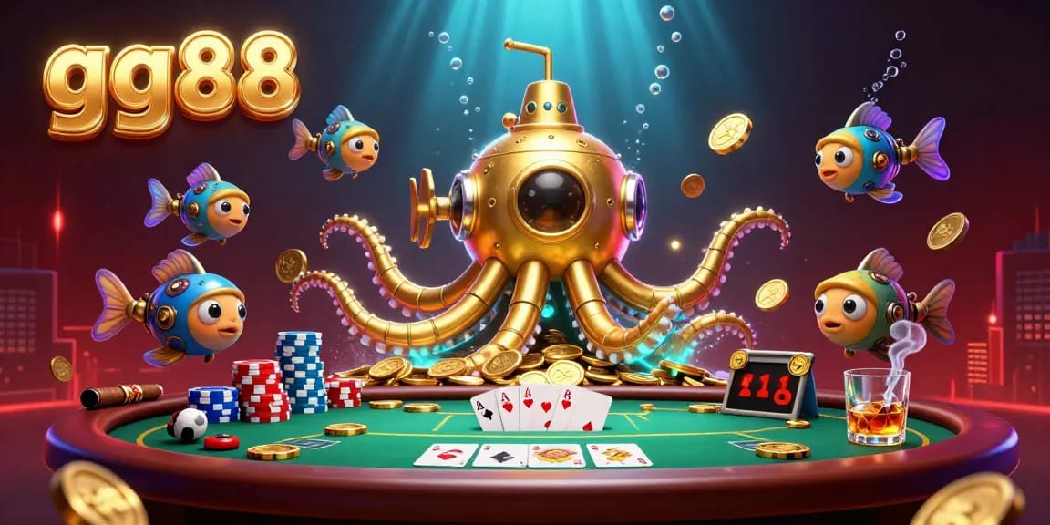 Experience thrilling gambling action with gg88's vibrant 3D kraken submarine scene.