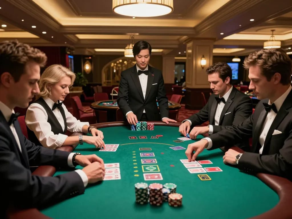 sunwingo players making bold bets at a blackjack table in an upscale casino, showcasing strategic gameplay