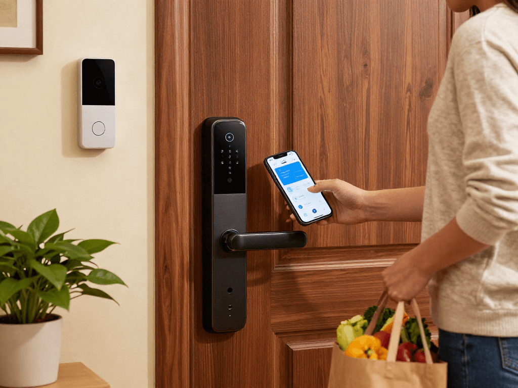 Smart lock قفل هوشمند installation showcased in a modern home entryway with stylish decor.