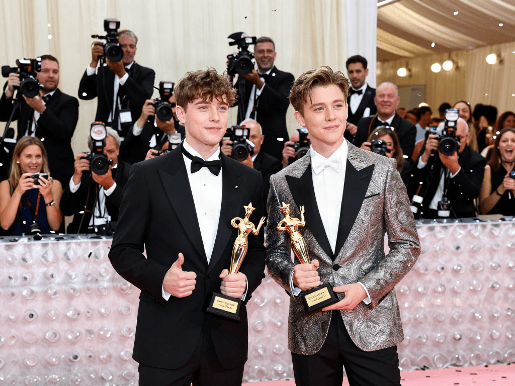 Celebrities that look alike posing at a glamorous red carpet event, celebrating their doppelganger resemblance.