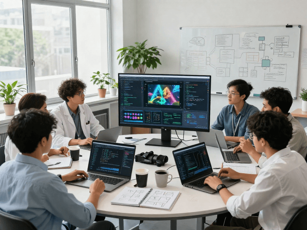 Team analyzing AI-generated image detection tools in a modern lab.