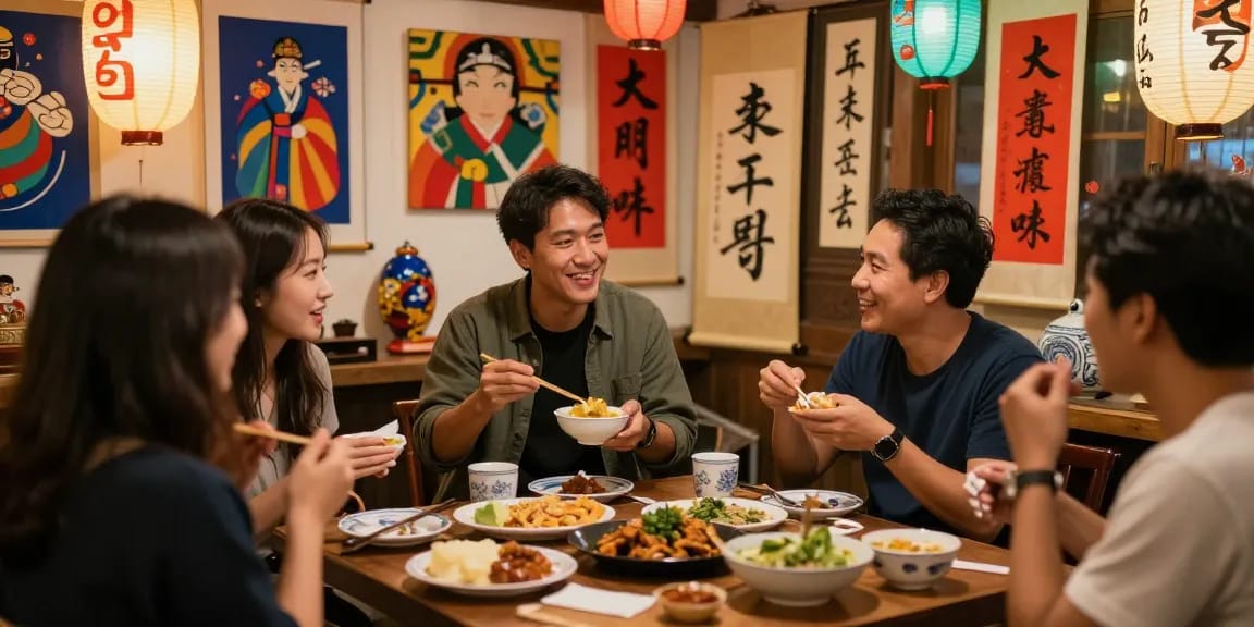 Engaging cultural exchange at https://hanadultalk.com with friends exploring Asian traditions in Spanish.