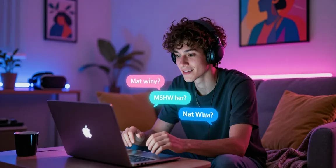 Engaging in nsfw ai chat with a digital character on a laptop in a cozy, modern setting.