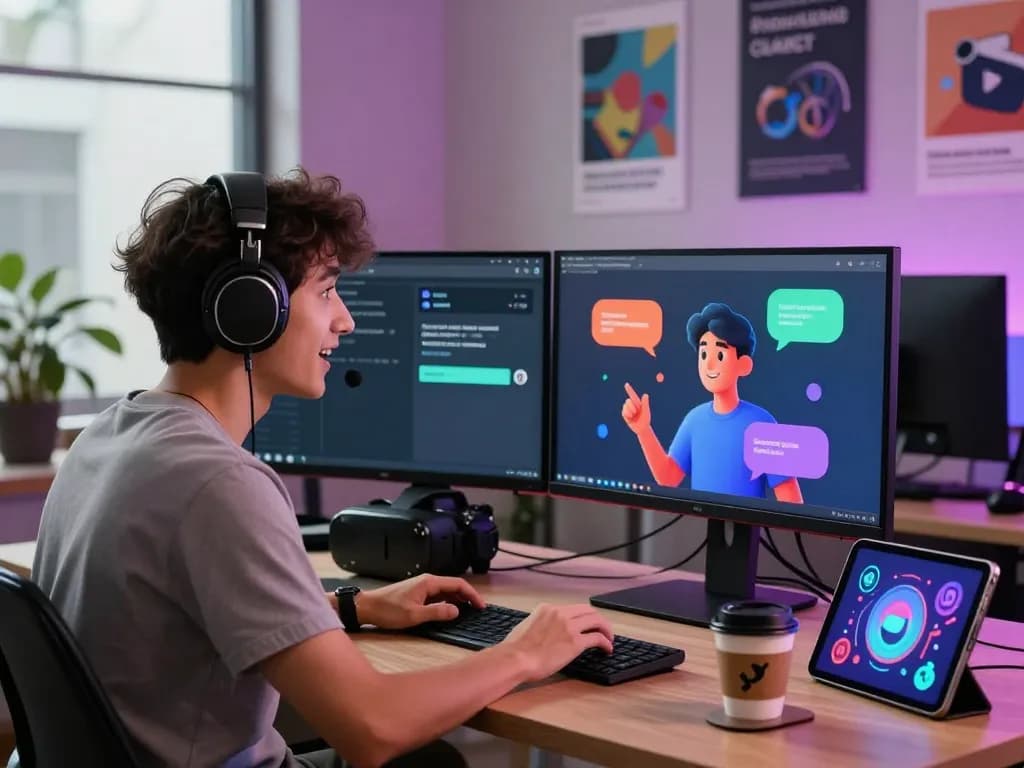Interactive user experience with crushonai featuring vibrant chat bubbles and digital character in modern workspace.