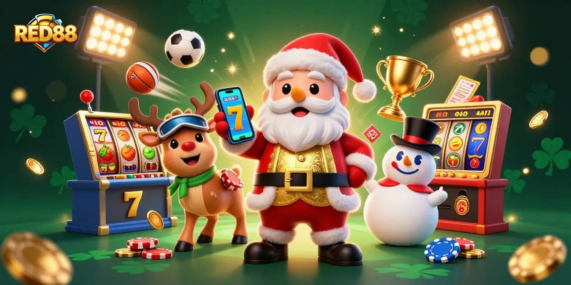 RED88 slot jackpot scene featuring cartoon Santa, reindeer, and snowman in a vibrant casino