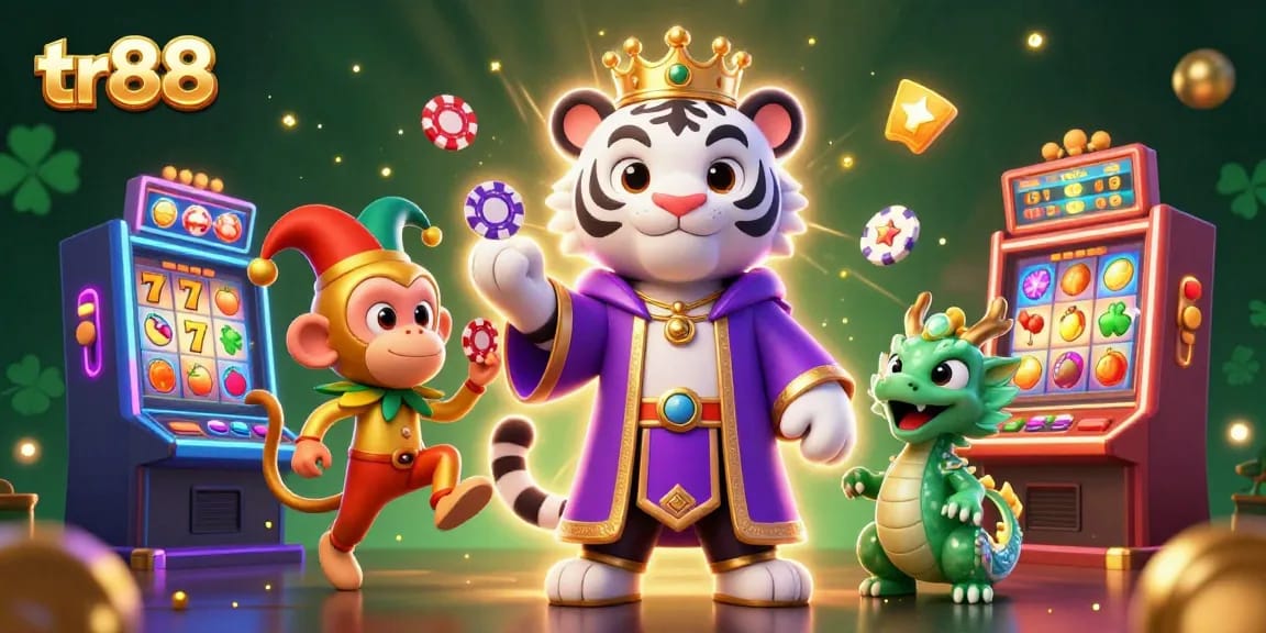Experience excitement at TR88 with a 3D scene showcasing a white tiger and monkey juggler among slot machines.
