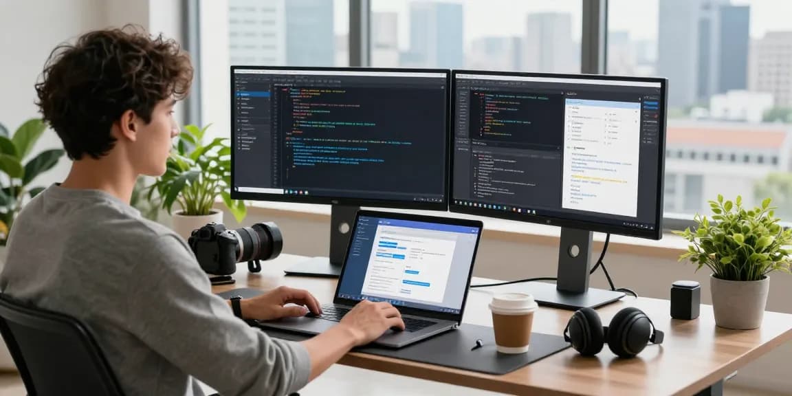 快连 software developer using dual monitors to optimize network performance in a bright workspace.