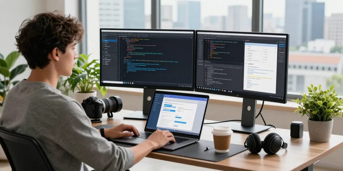 快连 software developer using dual monitors to optimize network performance in a bright workspace.