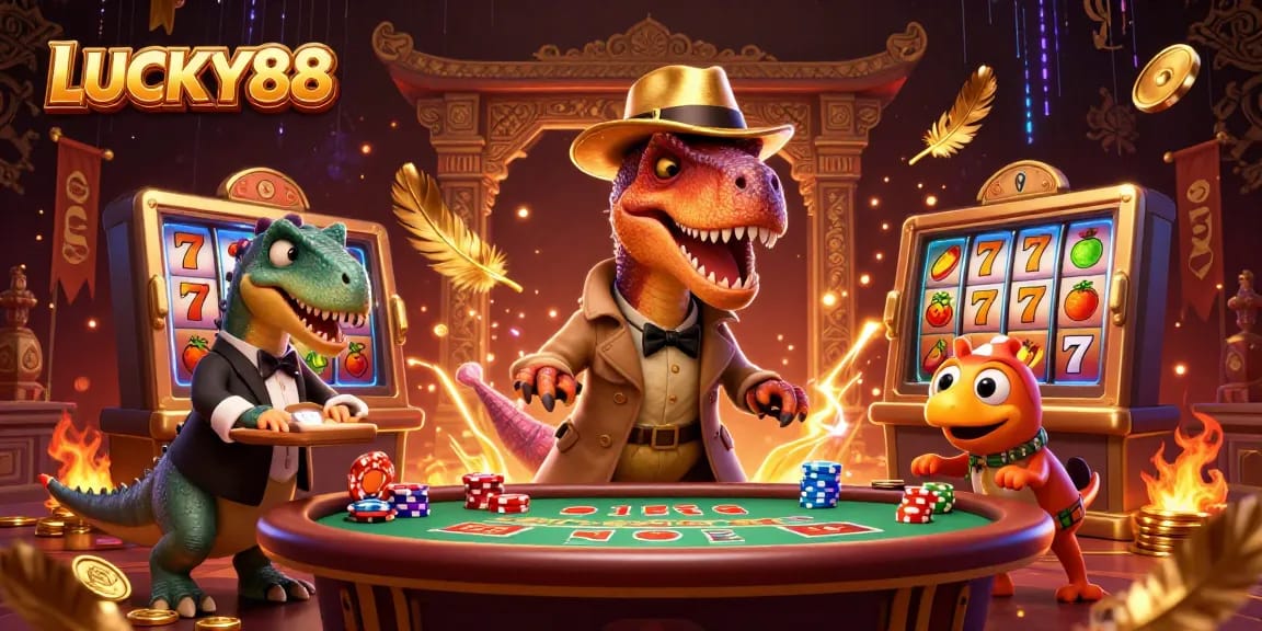 LUCKY88 characters at a blackjack table with vibrant details in a dramatic casino scene.