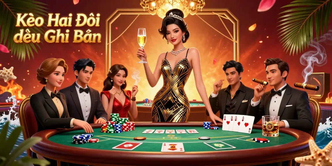 Kèo Hai Đội Đều Ghi Bàn betting visualization showcasing an elegant woman and casino elements.