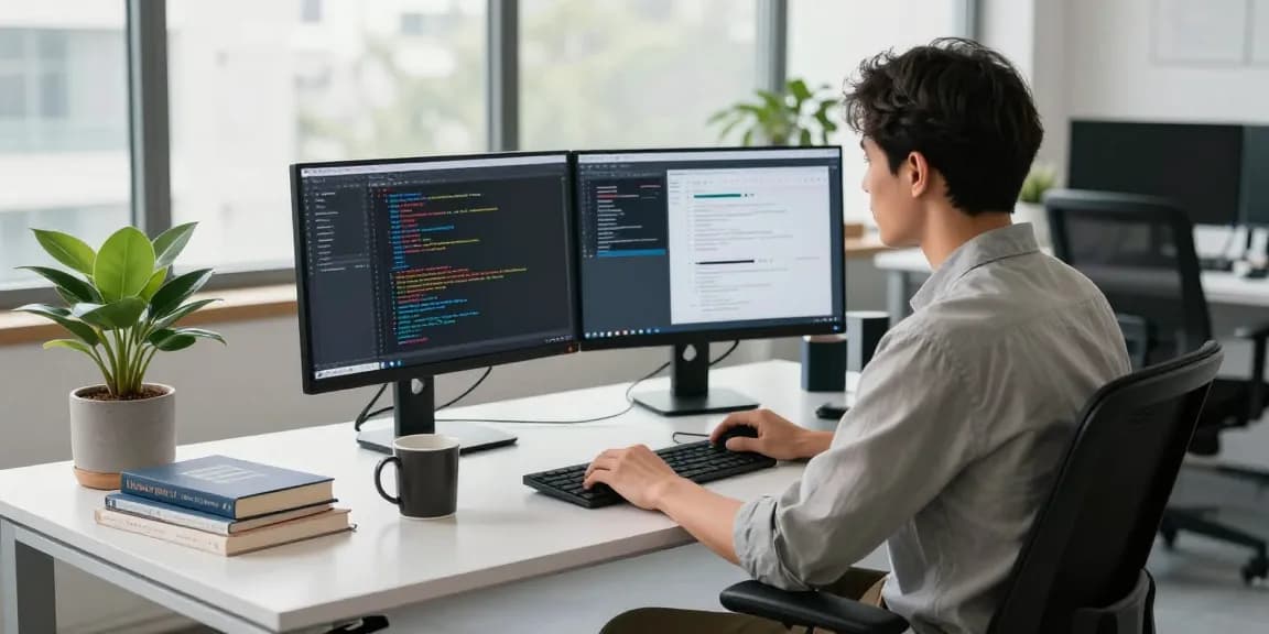Developer coding in a modern workspace with 纸飞机中文版 visible on screens and tech gadgets.