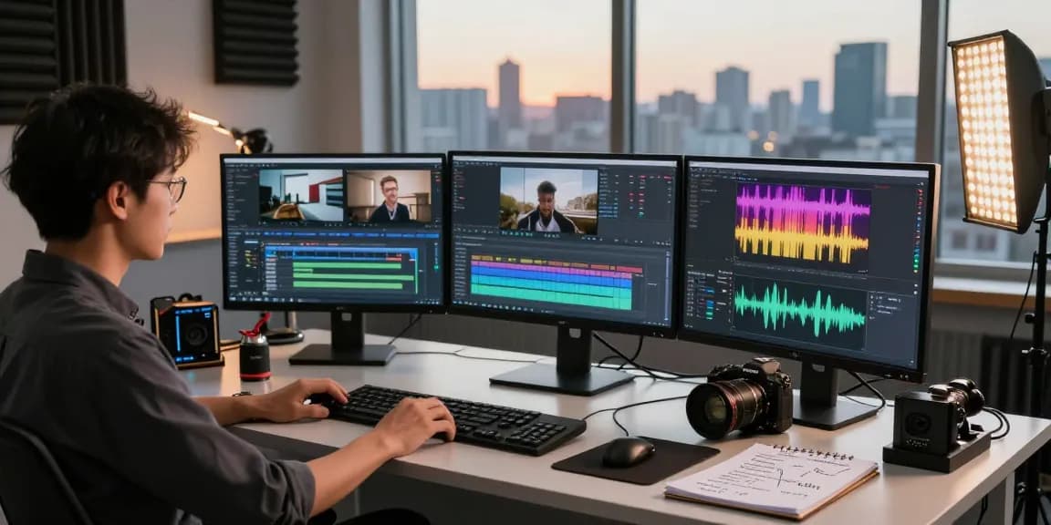 Dynamic studio with an engineer using video prompt AI tools, analyzing video content.