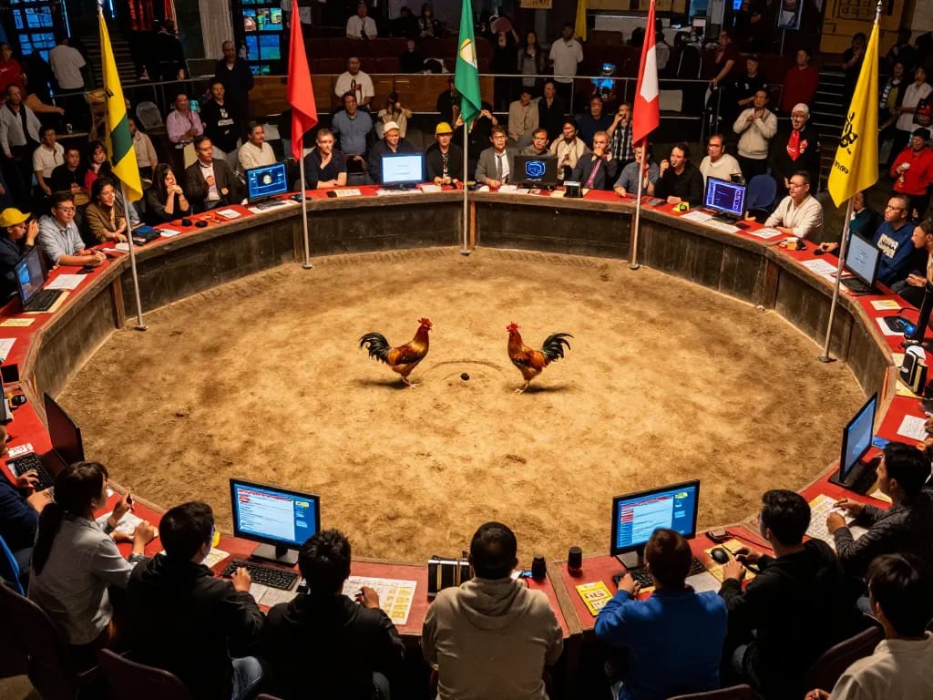 Engaged spectators watch a thrilling live chicken fight at DAGA, placing bets and enjoying the vibrant atmosphere.