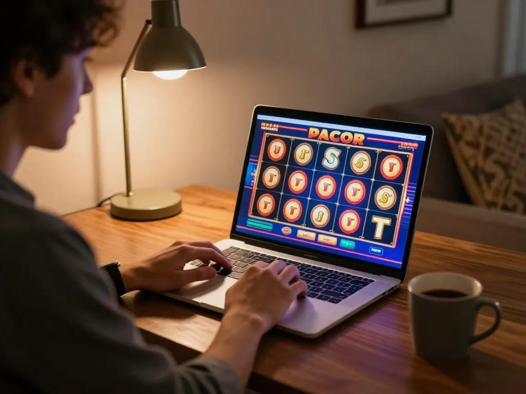 Player engaged in slot gacor gaming session on laptop, showcasing excitement and strategy in online casino