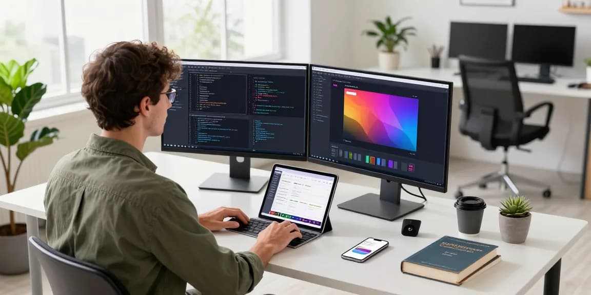 Software developer using dual monitors for coding at teiegramin.com workspace, vibrant app interface displayed.