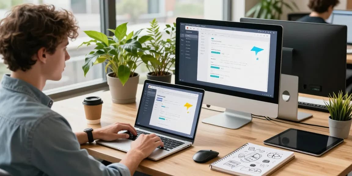 Using the 纸飞机中文版 messaging app in a modern co-working space with tech gadgets and creative atmosphere.