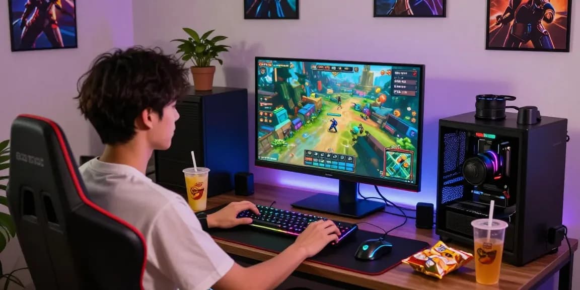 Pengguna bermain BATIK88 GACOR di ruang permainan modern dengan aksesori gaming berwarna-warni.