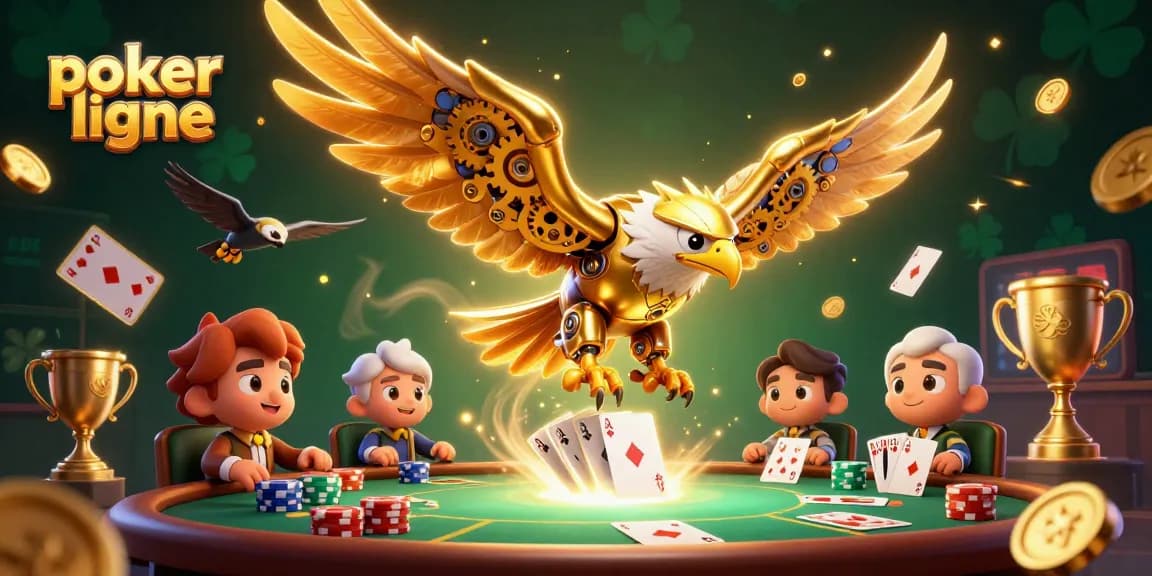 Jouez au poker ligne avec des cartes holographiques et un aigle mécanique dans ce visuel dynamique.