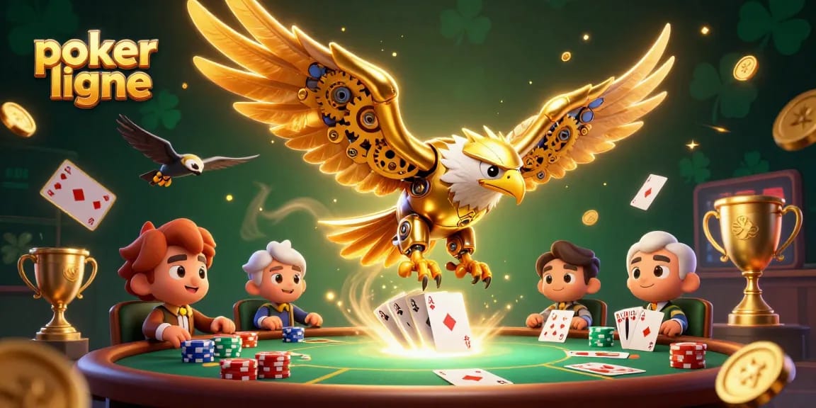 Jouez au poker ligne avec des cartes holographiques et un aigle mécanique dans ce visuel dynamique.