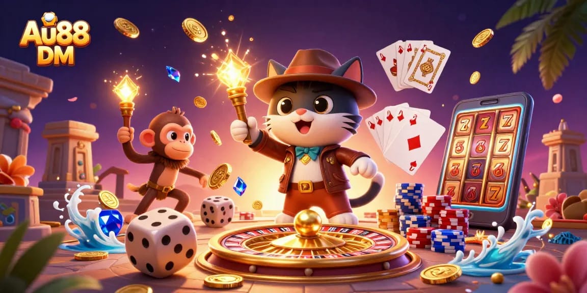 Engage with Au88 DM's thrilling adventure featuring a cartoon cat archaeologist and treasures.