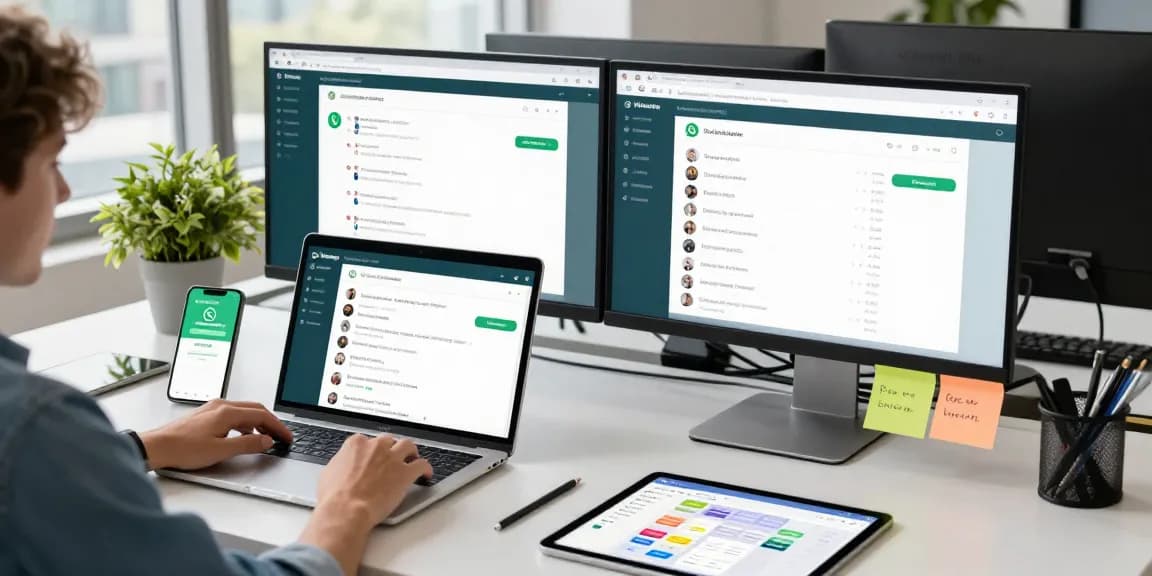 User engaging with WhatsApp網頁版 on a modern laptop in a bright workspace