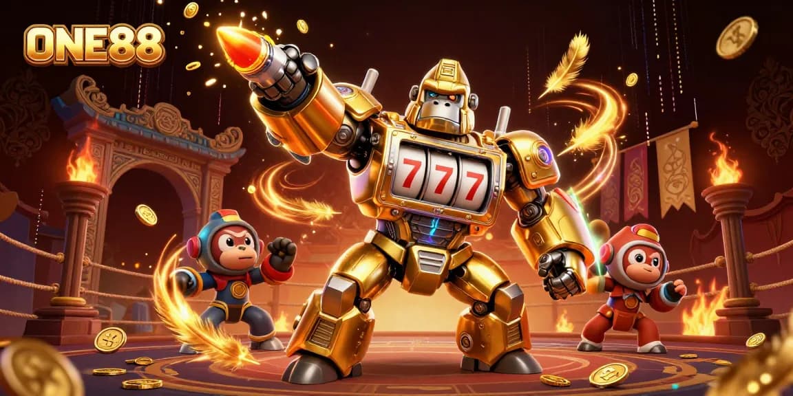Engage with ONE88's dynamic gaming scene featuring a golden gorilla mech and slot elements.