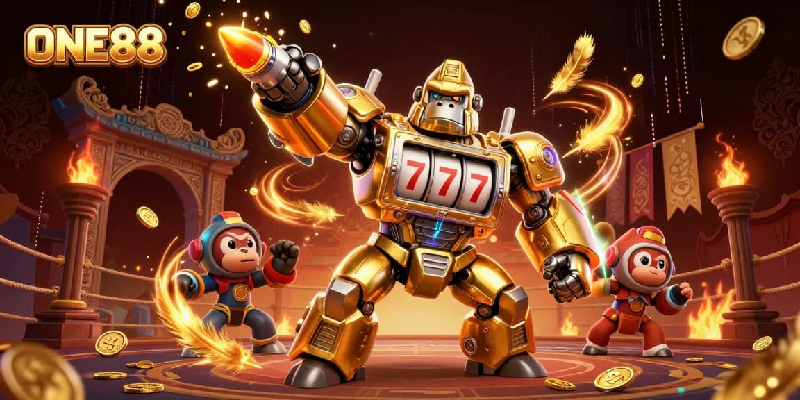 Engage with ONE88's dynamic gaming scene featuring a golden gorilla mech and slot elements.