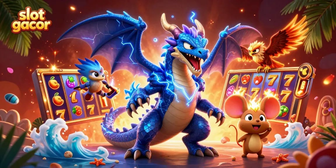 Engage with slot gacor in a vibrant casino scene featuring dynamic characters and thrilling game elements.