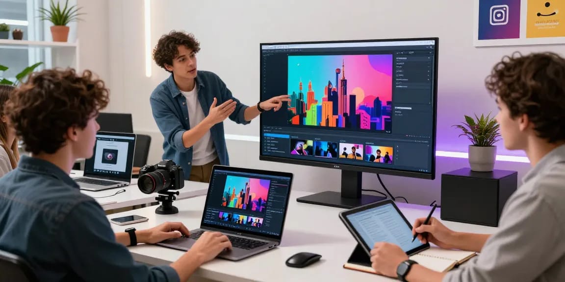 Seedance 2.0 collaborative workspace with diverse creators developing AI-generated videos in an inspiring tech environment.