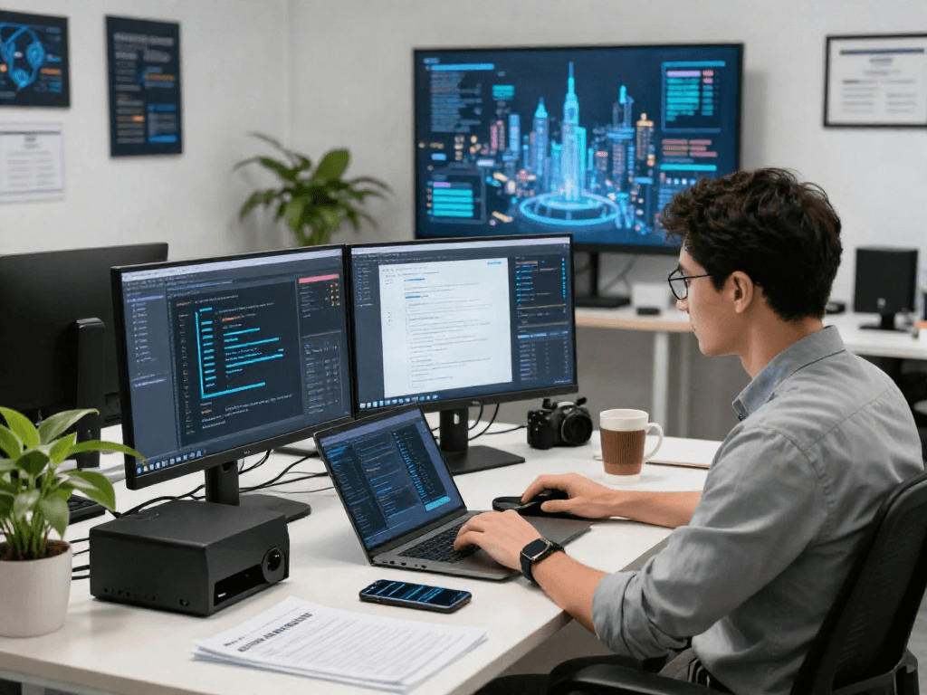 Office scene highlighting a cybersecurity analyst working on a document fraud detection solution with dual monitors, AI tools, and a sleek modern workspace.
