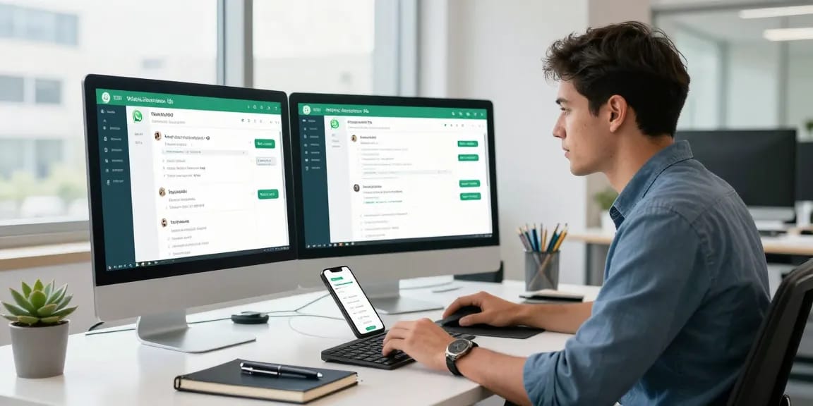 Engaged user utilizing WhatsApp網頁版 in a bright office workspace with dual monitors.