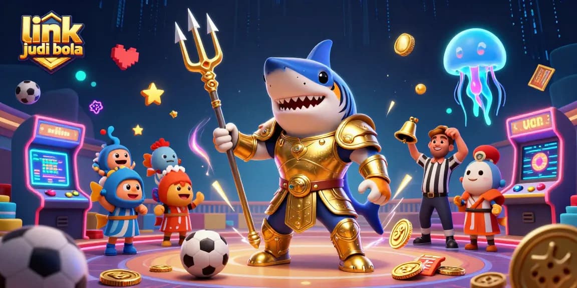 Engage in exciting link judi bola action with a dynamic underwater scene featuring a golden gladiator shark and sports elements.