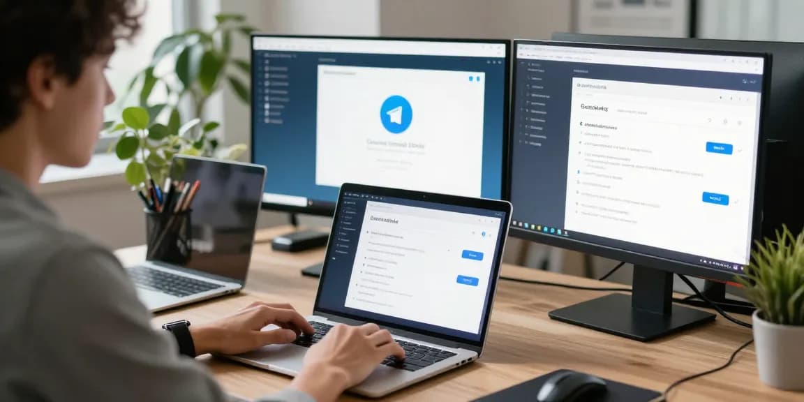 Explore Telegram download options in a sleek modern workspace, showcasing productivity and security.