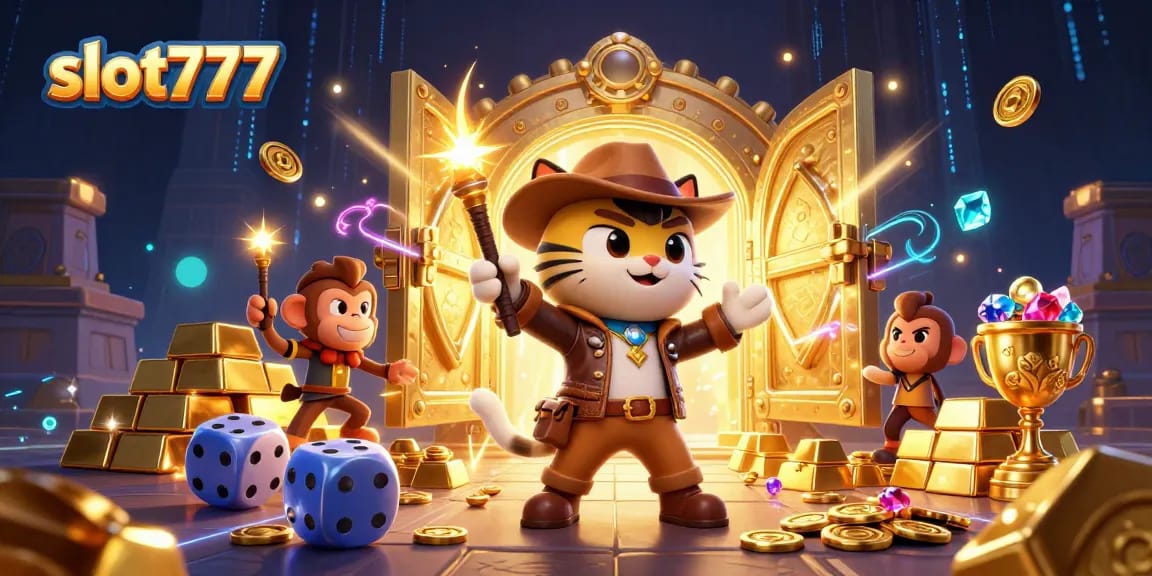 Experience the thrill of slot777 as our adventurous cat uncovers treasures amid shining gems and dynamic casino motifs.