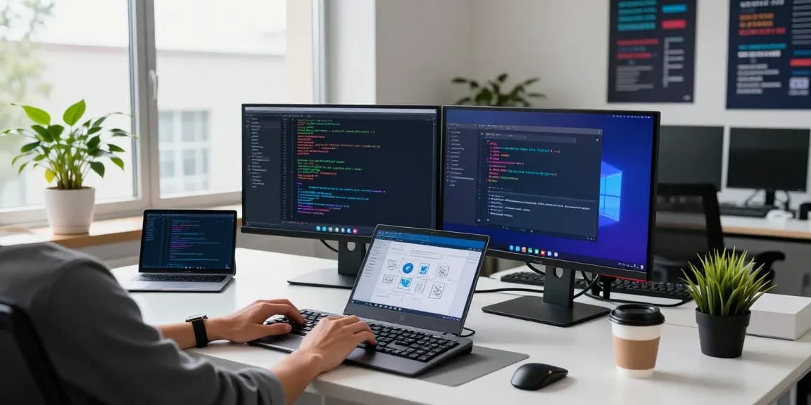 Developer engaging with 纸飞机中文版 on dual monitors in a vibrant tech workspace.