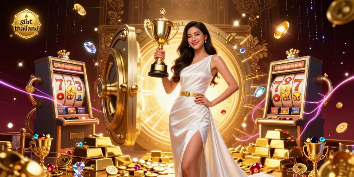 Experience thrilling slot thailand gameplay with a victorious character amidst dynamic casino elements.