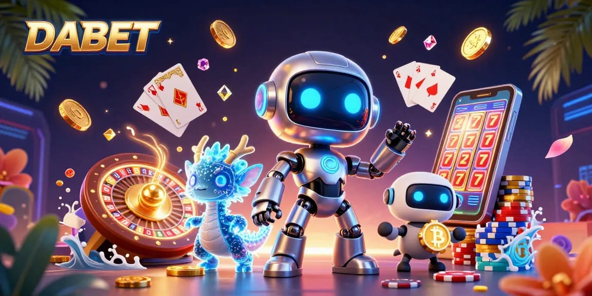 DABET brings high stakes to life in a vibrant 3D casino illustration featuring energetic characters and dynamic elements.